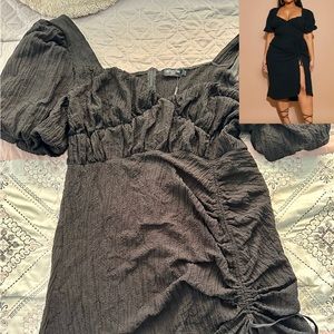 Plus Black Puff Sleeve Ruched Side Split Midi Dress
